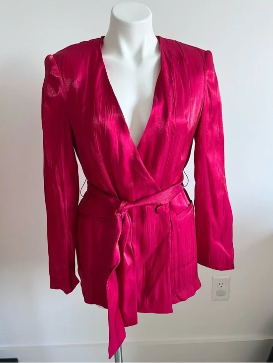 Zara NEW Crinkle Satin Blazer and Wide Leg Trousers SET Fuchsia Pink XS Shiny - Picture 2 of 15